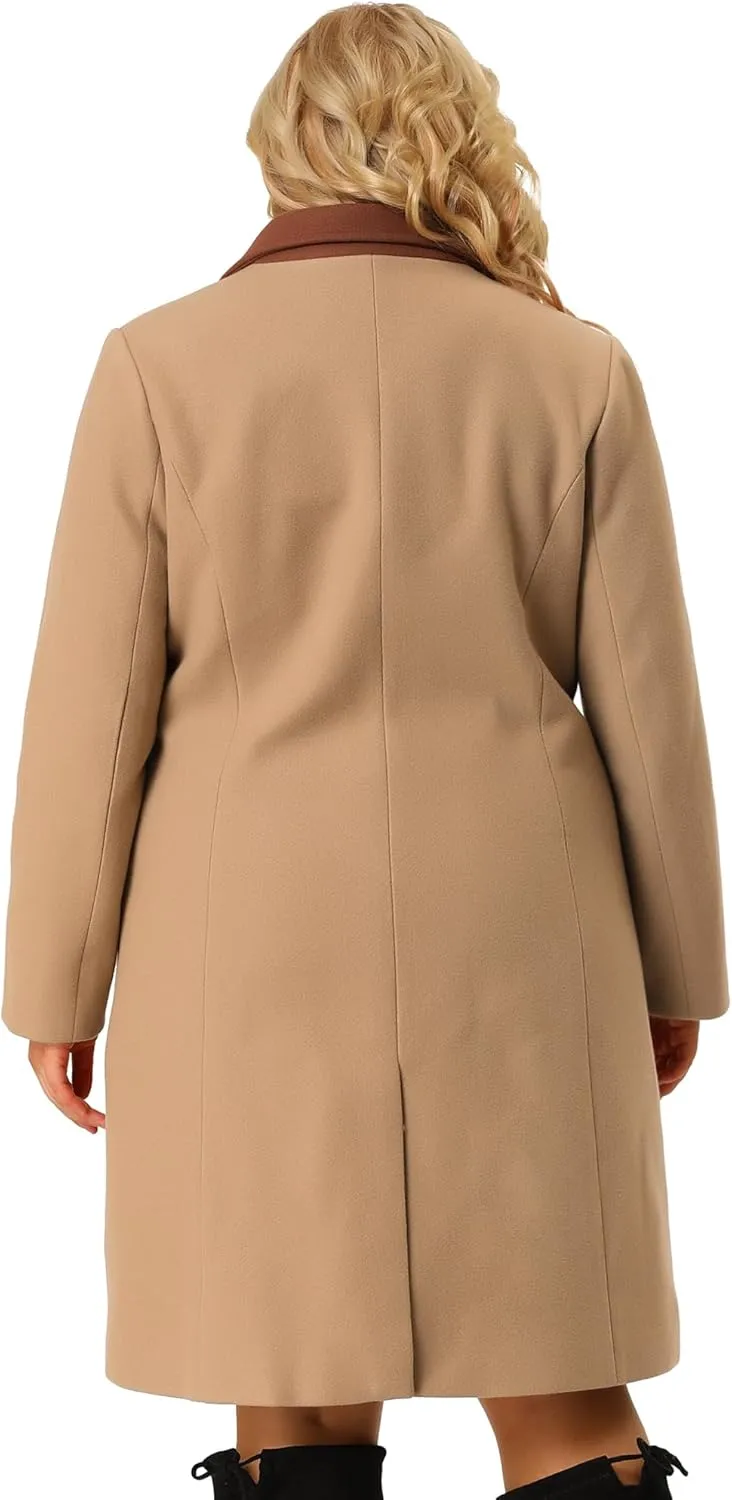 Agnes Orinda Plus Size Long Coats for Women Notched Lapel Winter Warm Double Breasted Coat