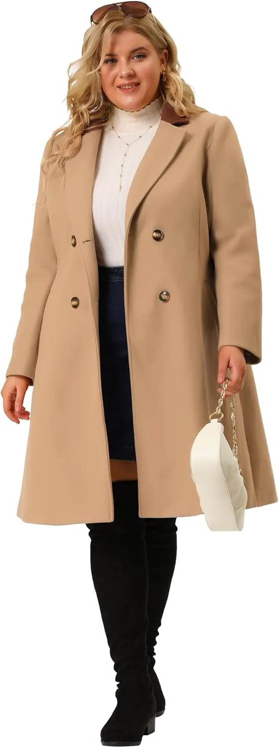 Agnes Orinda Plus Size Long Coats for Women Notched Lapel Winter Warm Double Breasted Coat