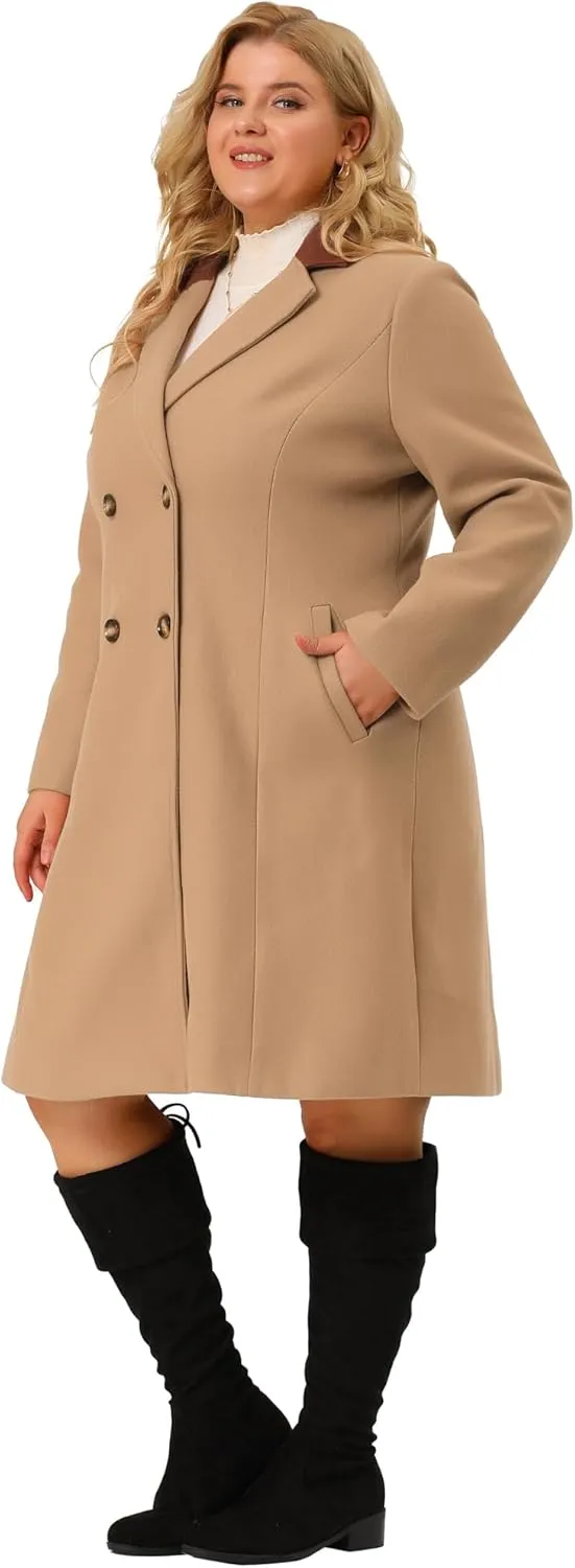 Agnes Orinda Plus Size Long Coats for Women Notched Lapel Winter Warm Double Breasted Coat