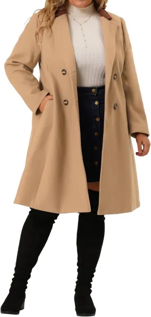 Agnes Orinda Plus Size Long Coats for Women Notched Lapel Winter Warm Double Breasted Coat