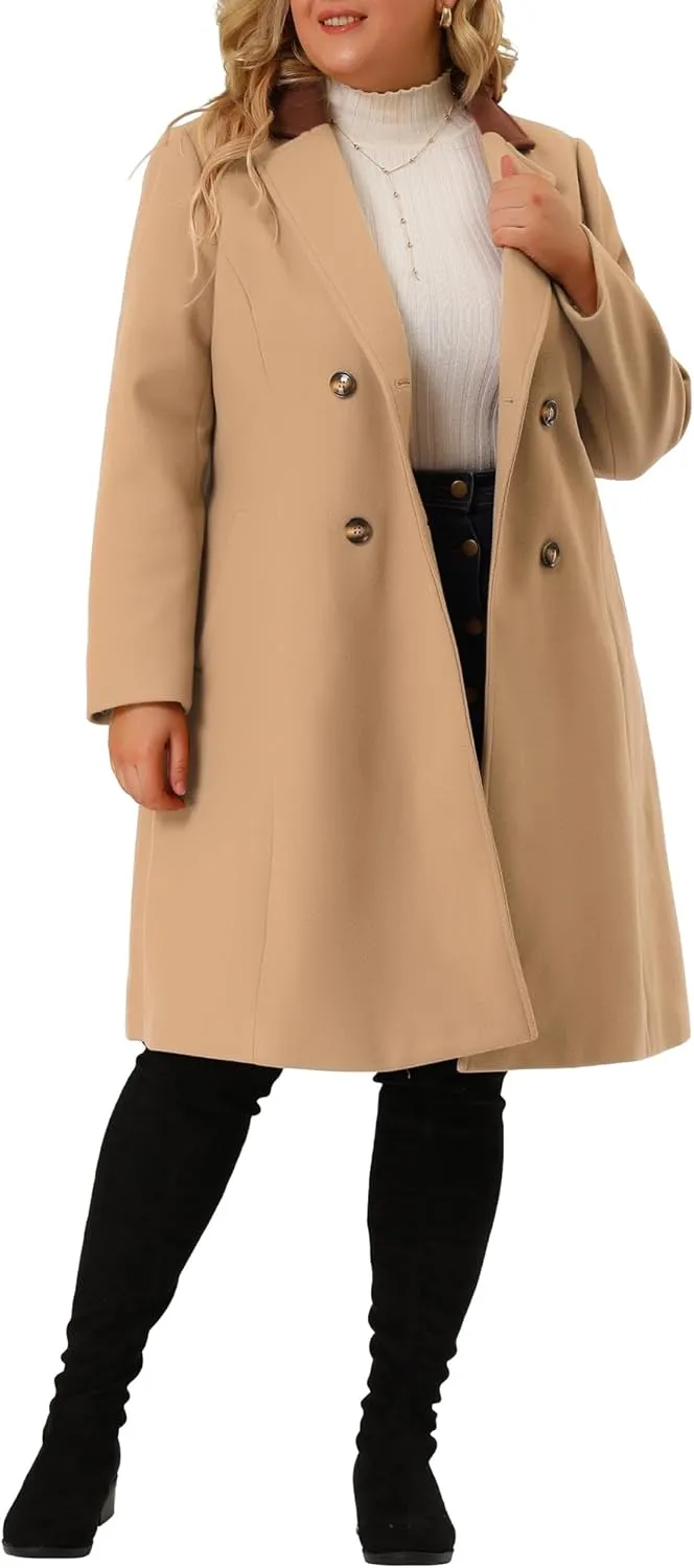 Agnes Orinda Plus Size Long Coats for Women Notched Lapel Winter Warm Double Breasted Coat