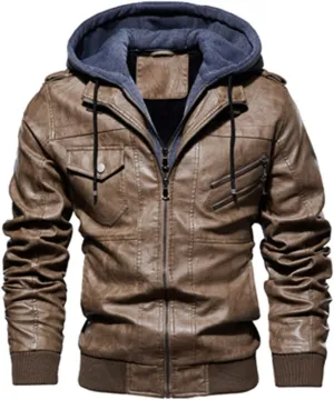 Alloaone Men's Leather Jackets Motorcycle Leather Hooded Coats Business PU Biker Leather Jackets