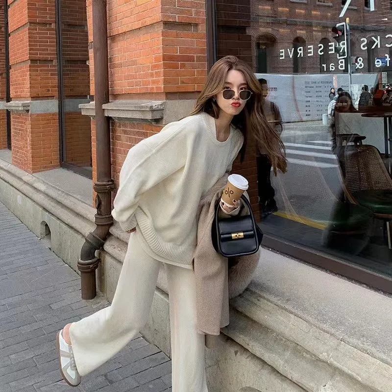 Amozae fall outfits women Hong Kong Style Suit Women's Retro Chic Fried Street Fashion Fake Two-Piece Top Knitted Wide-Leg Pants Sweater Two-Piece Set Autumn and Winter