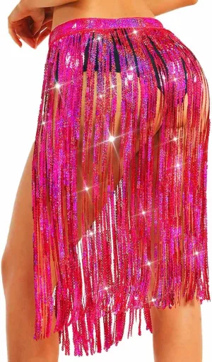 Aukmla Women Sparkly Sequin Tassel Skirt Belly Dance Hip Scarf Festival Fringe Wrap Skirts