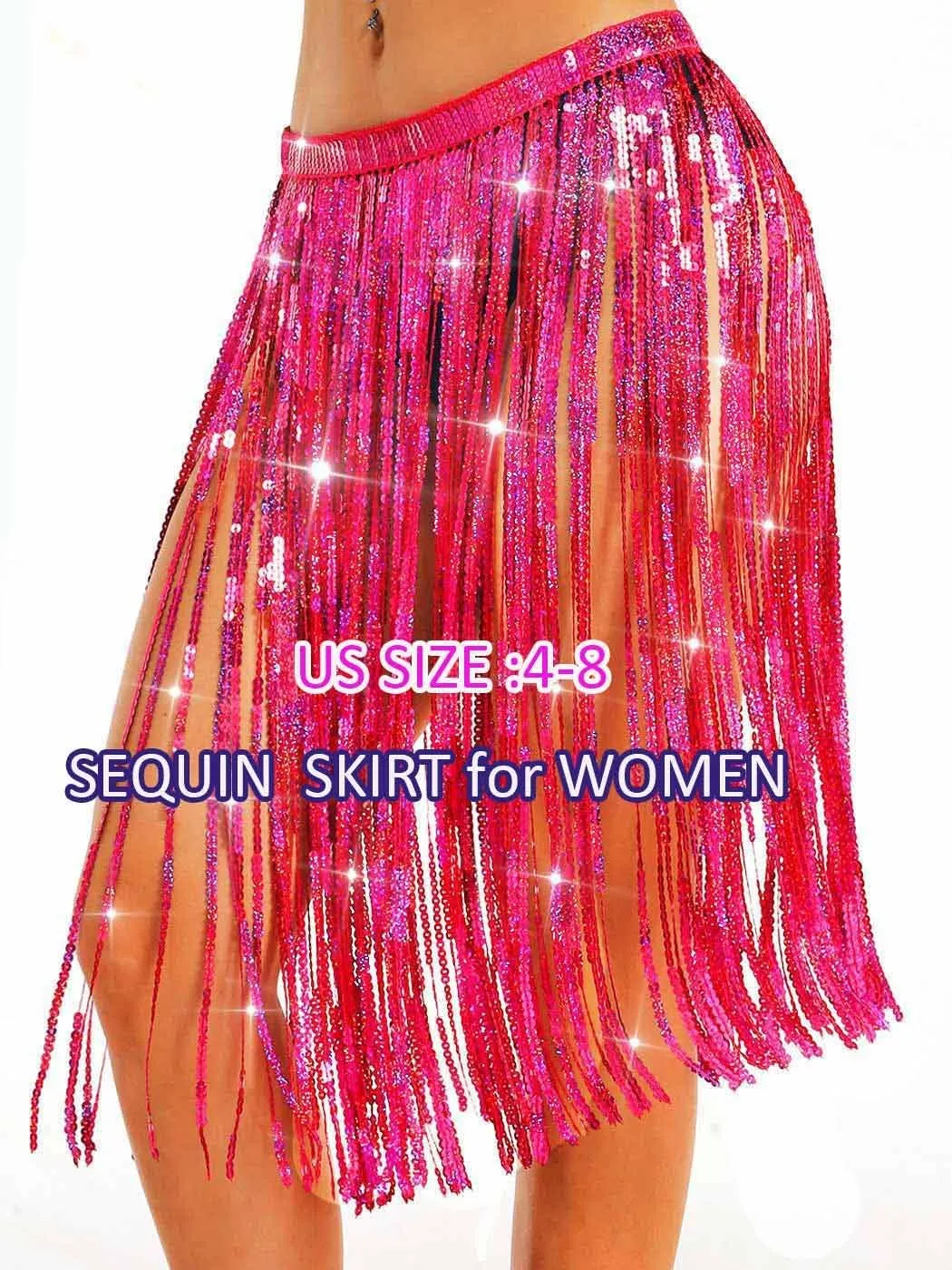 Aukmla Women Sparkly Sequin Tassel Skirt Belly Dance Hip Scarf Festival Fringe Wrap Skirts