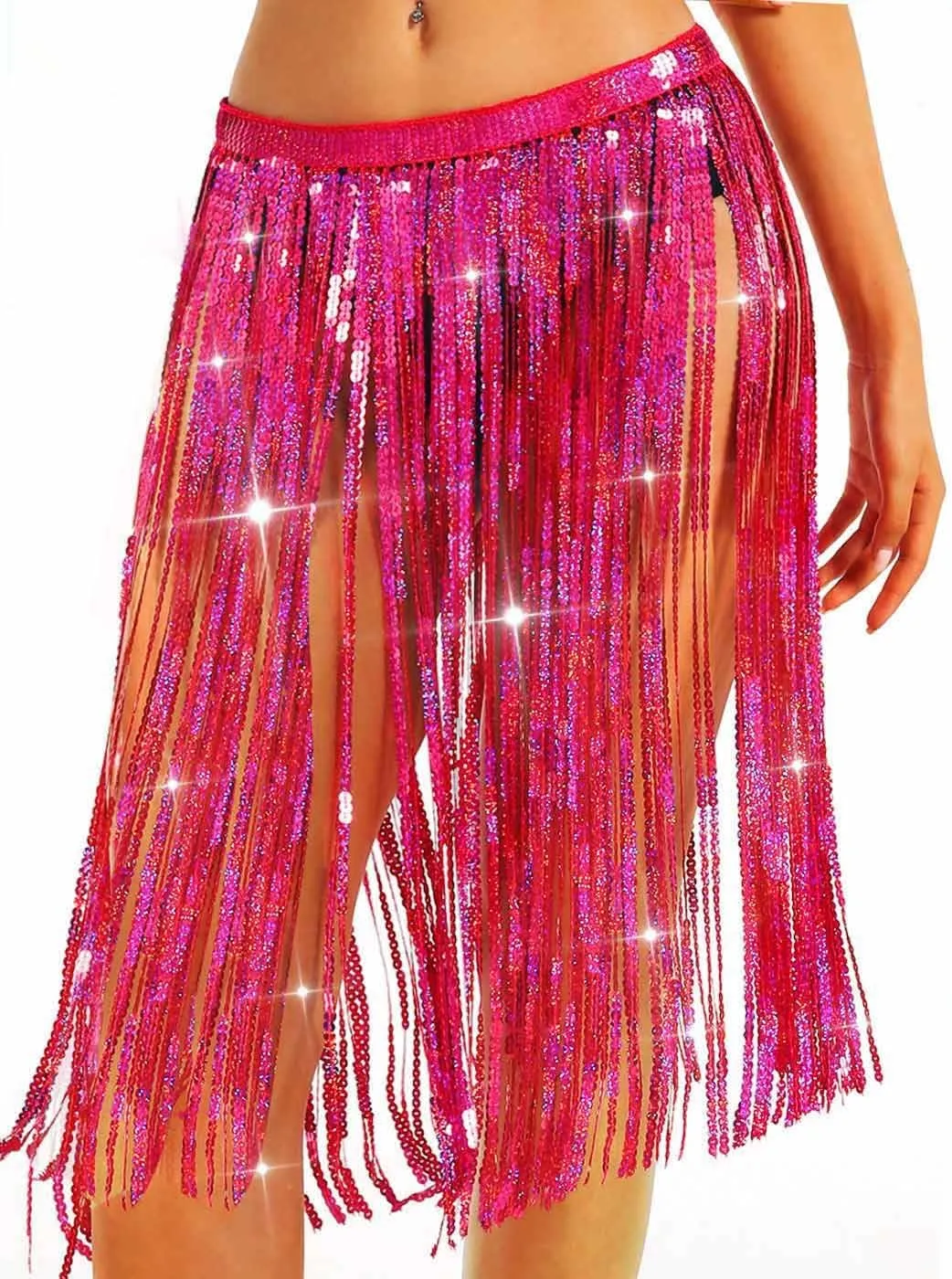 Aukmla Women Sparkly Sequin Tassel Skirt Belly Dance Hip Scarf Festival Fringe Wrap Skirts