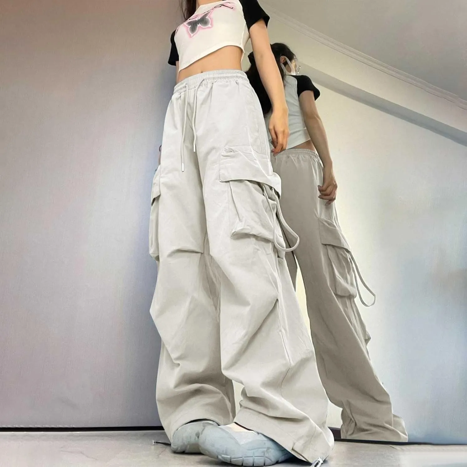 Baggy Cargo Pants Women Casual High Waisted Parachute Pants Drawstring Loose Hip Hop Wide Leg Pant Y2K Streetwear