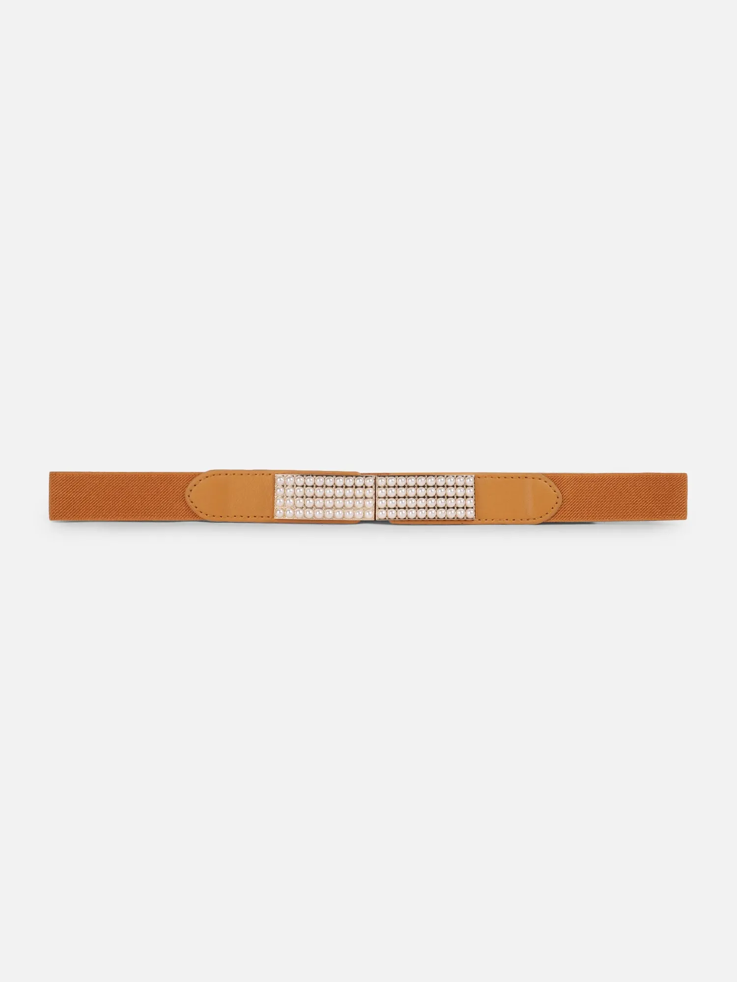 Berrylush Women Solid Brown Pearl Studded PU Nylon Interlock Regular Slim Belt