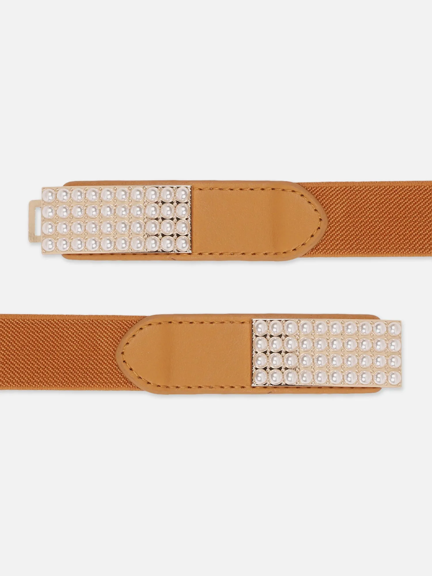 Berrylush Women Solid Brown Pearl Studded PU Nylon Interlock Regular Slim Belt