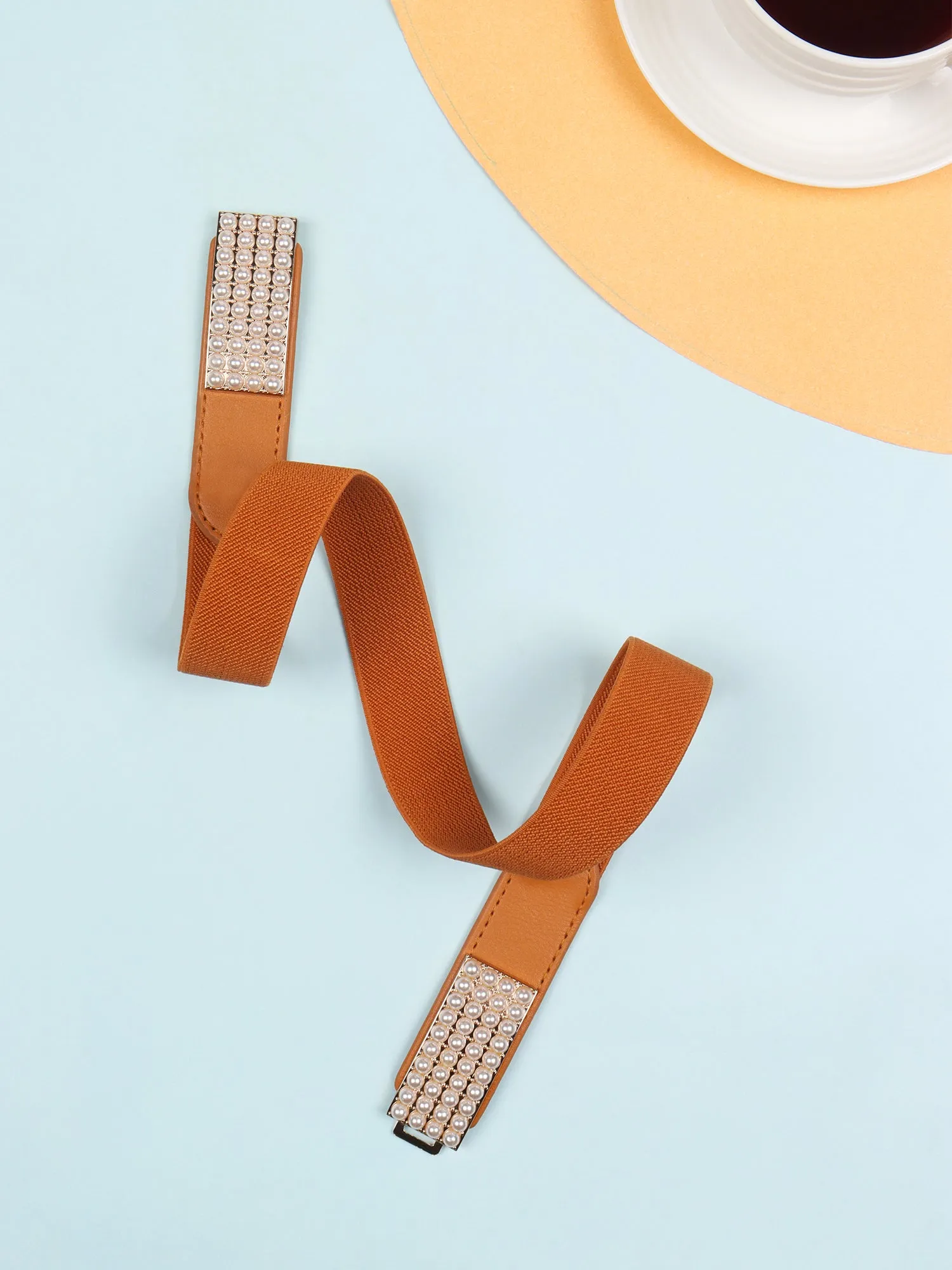 Berrylush Women Solid Brown Pearl Studded PU Nylon Interlock Regular Slim Belt