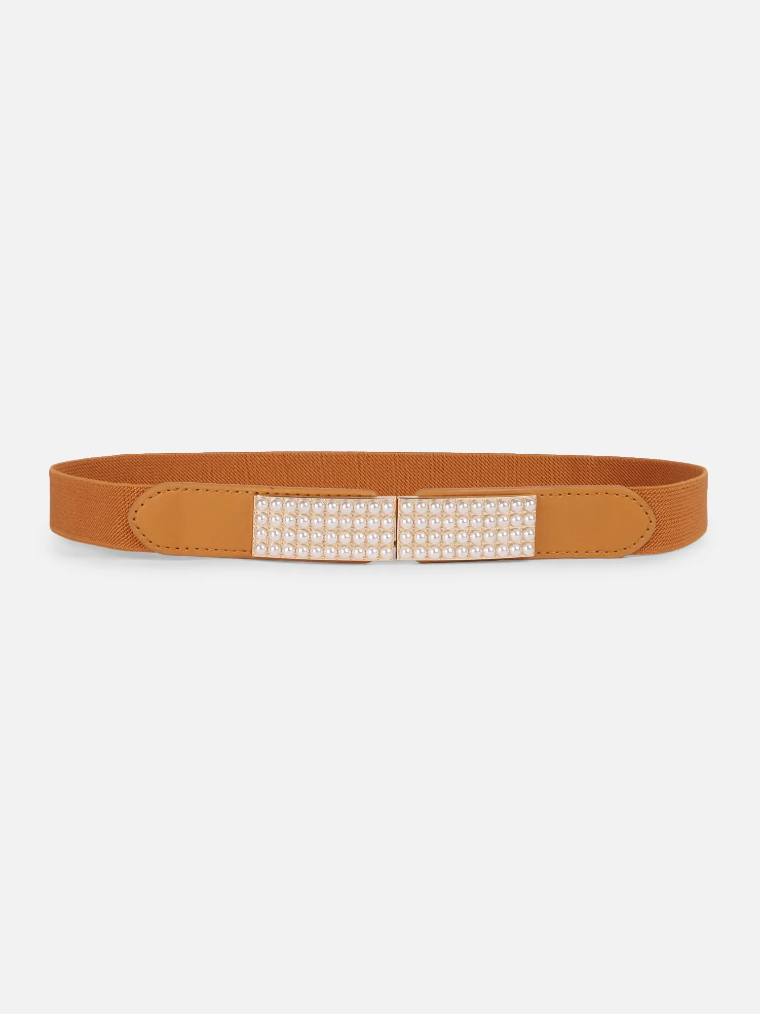 Berrylush Women Solid Brown Pearl Studded PU Nylon Interlock Regular Slim Belt
