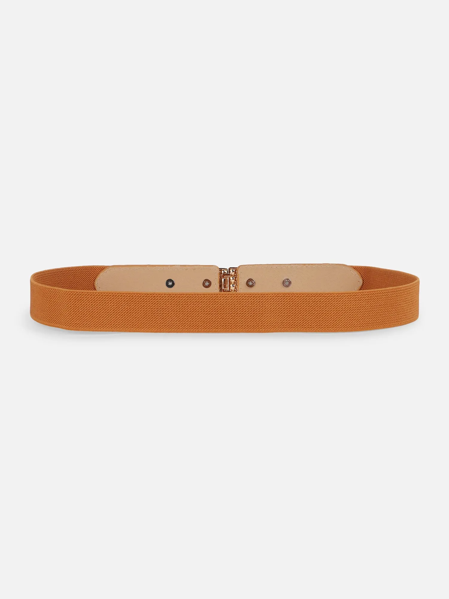 Berrylush Women Solid Brown Pearl Studded PU Nylon Interlock Regular Slim Belt