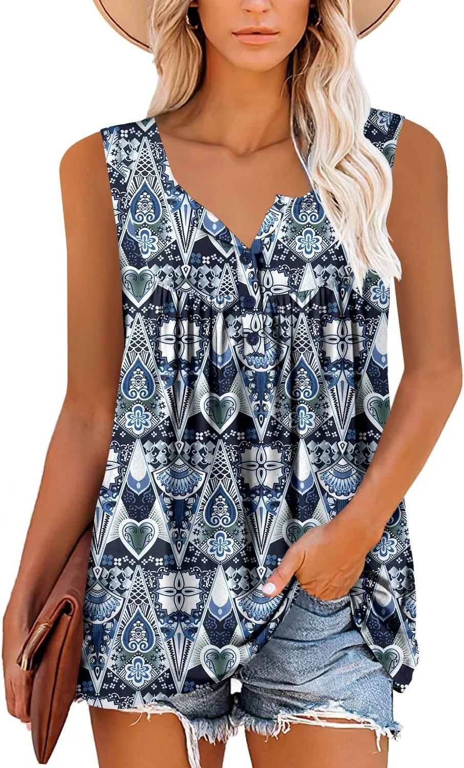 BETTE BOUTIK Womens Sleeveless Tunics Henley Shirts V-Neck Button Down Blouse Tank Tops Casual Pleated Basic
