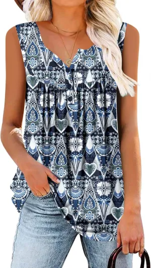 BETTE BOUTIK Womens Sleeveless Tunics Henley Shirts V-Neck Button Down Blouse Tank Tops Casual Pleated Basic