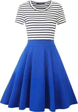 BI.TENCON Women's Striped Pleated Casual A-Line Dresses Knee Length with Pockets