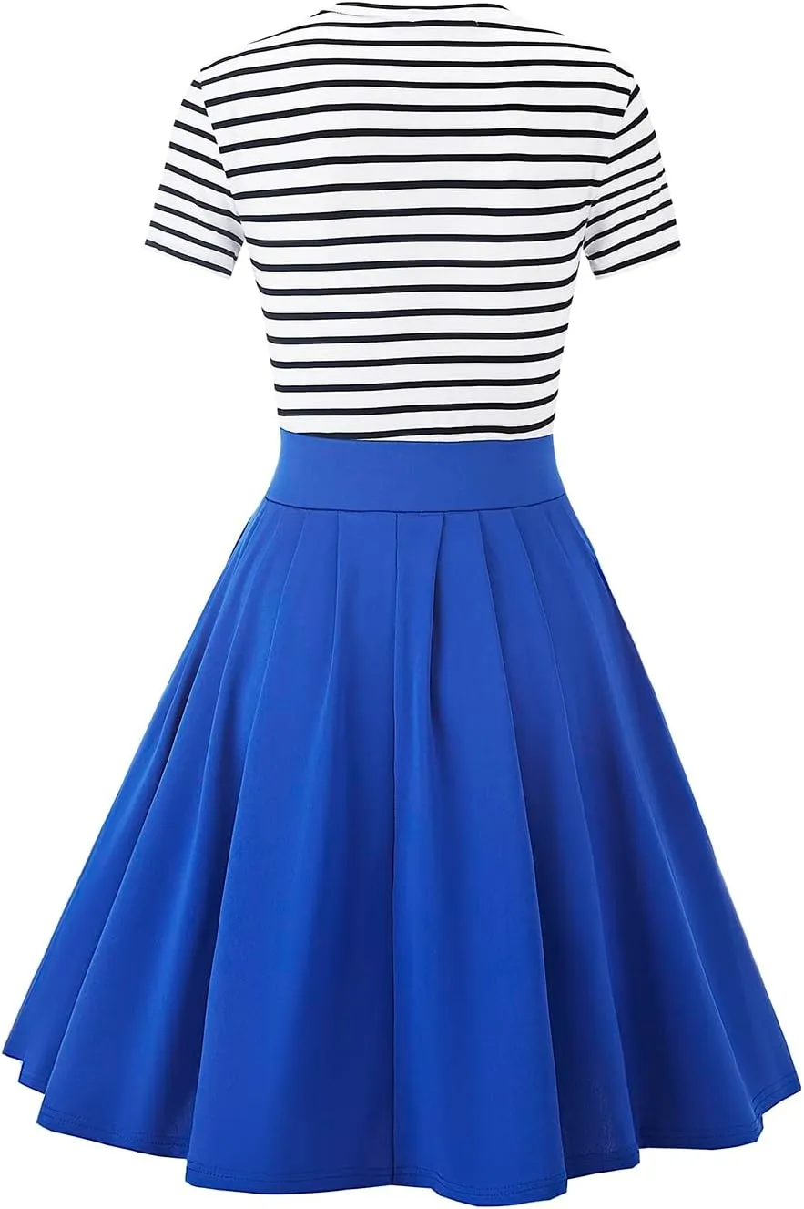 BI.TENCON Women's Striped Pleated Casual A-Line Dresses Knee Length with Pockets