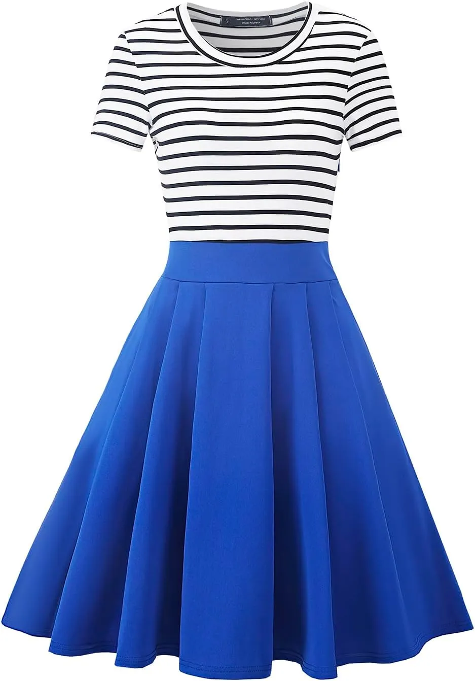 BI.TENCON Women's Striped Pleated Casual A-Line Dresses Knee Length with Pockets