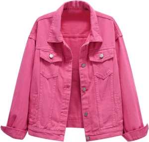 Bomber Jackets for Women Solid Button Down Jeans Denim Jackets Plus Size Trendy Casual Oversized Coat with Pockets