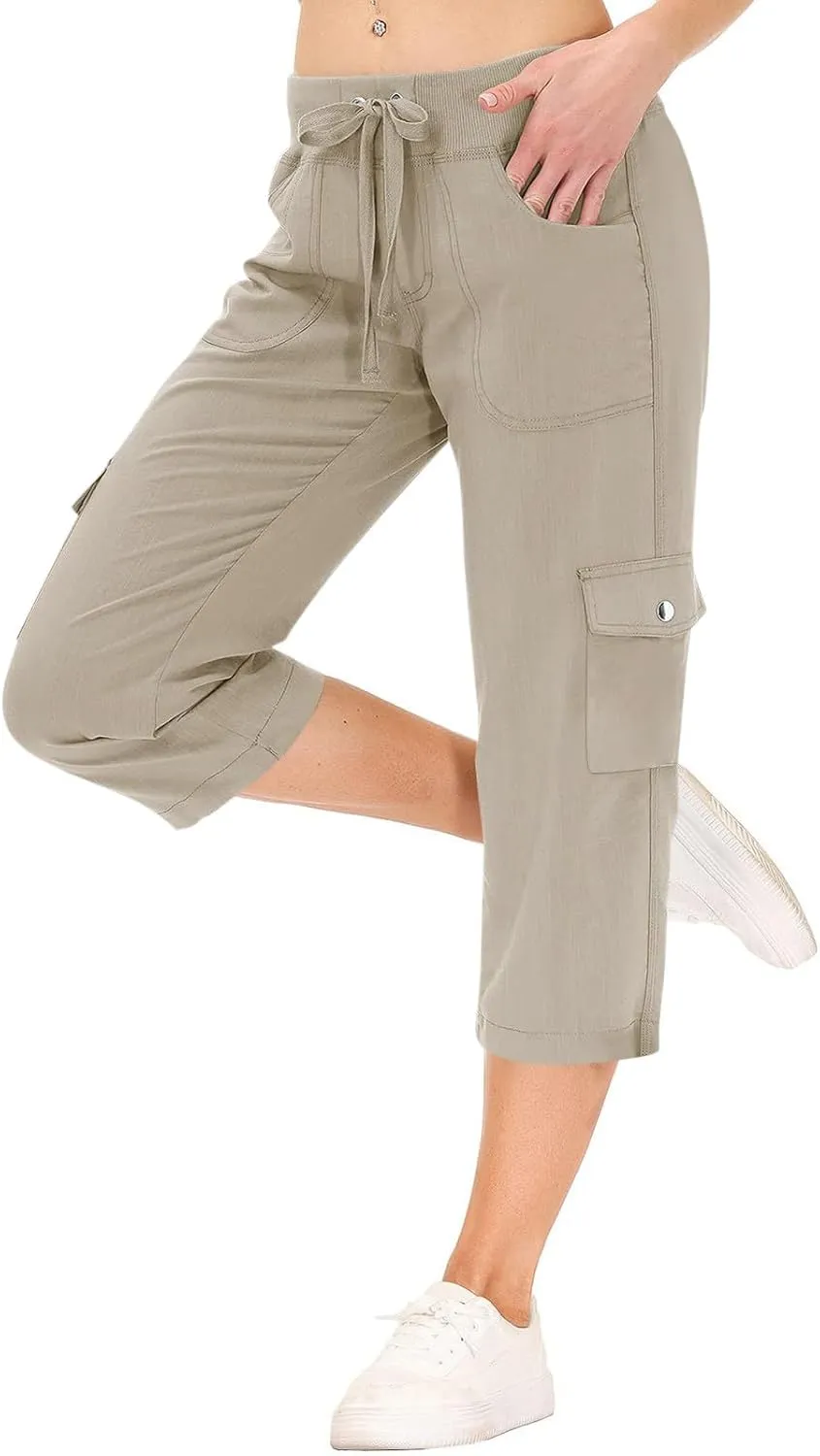 Capris for Seniors Lightweight Drawstring Waist Capri Cargo Pants Outdoor Hiking Wide Leg Cropped Pants with Pockets