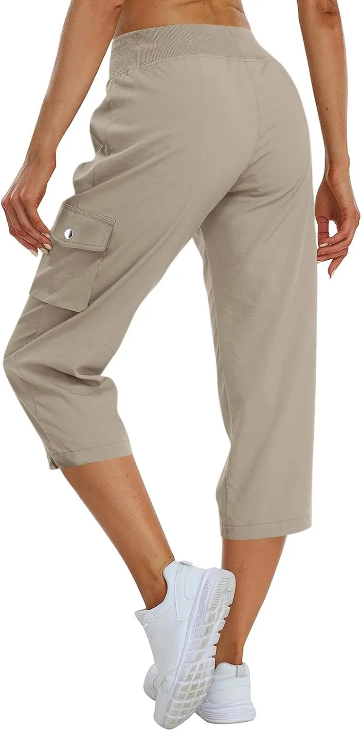 Capris for Seniors Lightweight Drawstring Waist Capri Cargo Pants Outdoor Hiking Wide Leg Cropped Pants with Pockets