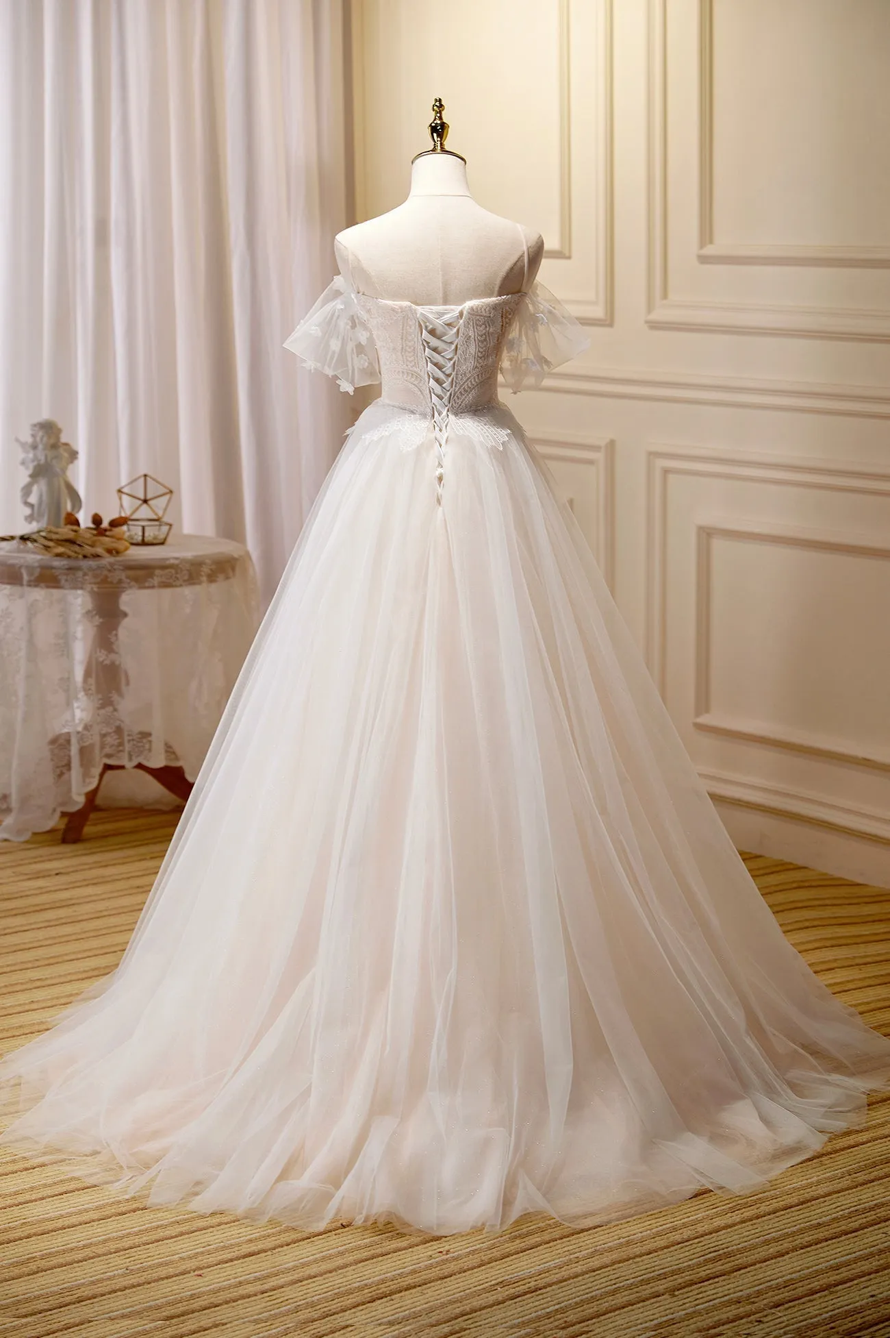 Champagne Lace Long A-line Prom Dress Off the Shoulder Evening Dress