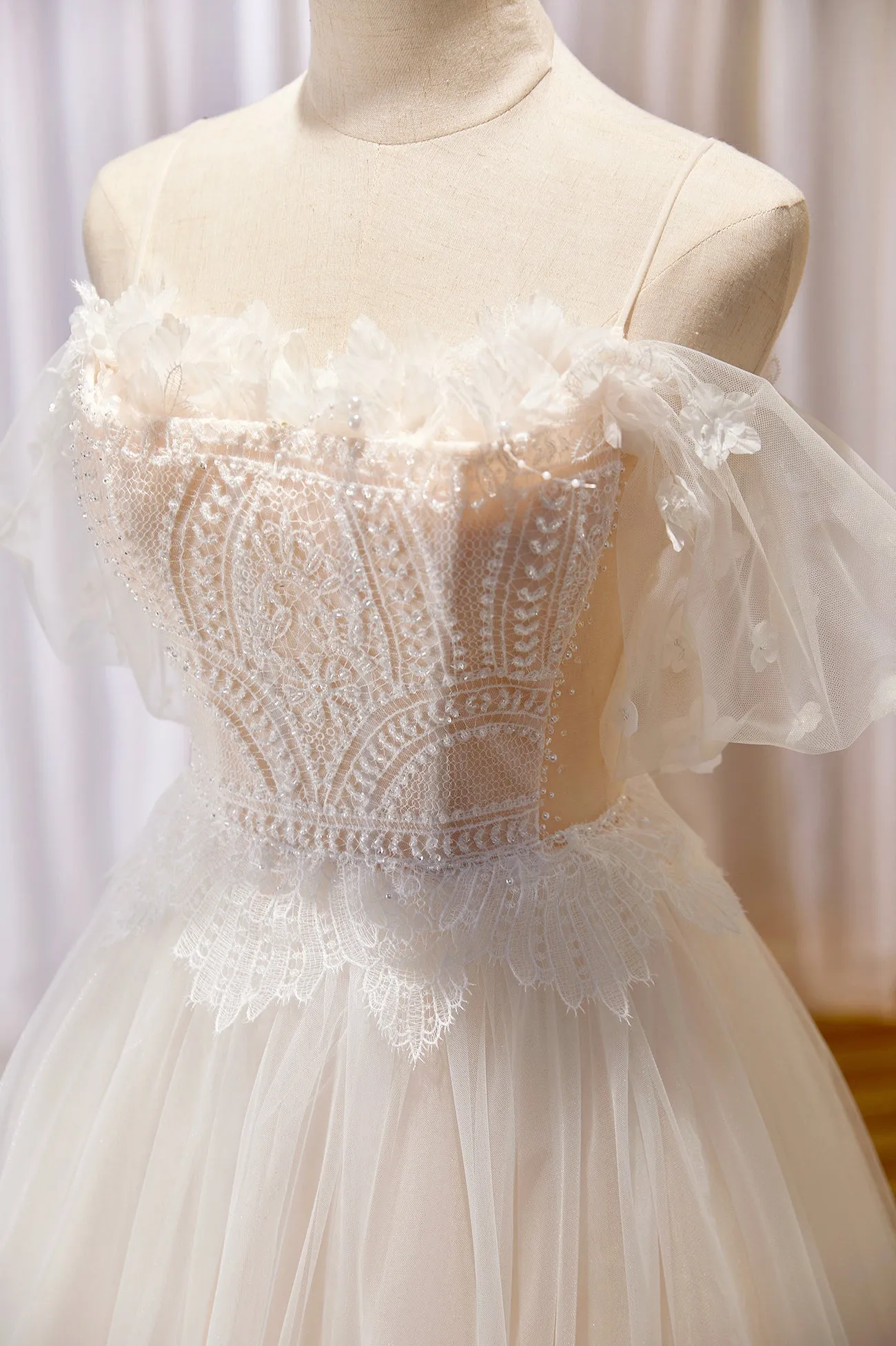 Champagne Lace Long A-line Prom Dress Off the Shoulder Evening Dress