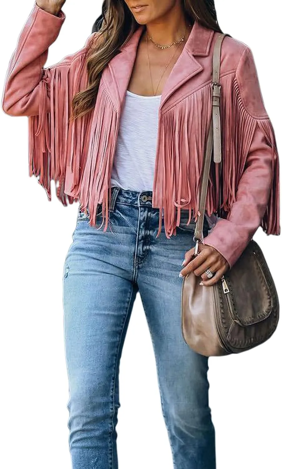 CHARTOU Casual Faux Leather Jacket Women Motorcycle Jacket Fringe Cropped Jacket Utility Tassel Suede Moto Jacket