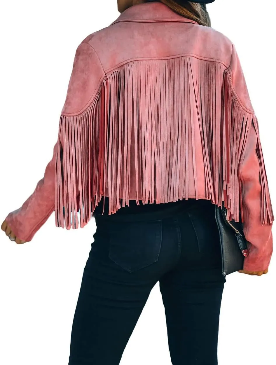 CHARTOU Casual Faux Leather Jacket Women Motorcycle Jacket Fringe Cropped Jacket Utility Tassel Suede Moto Jacket