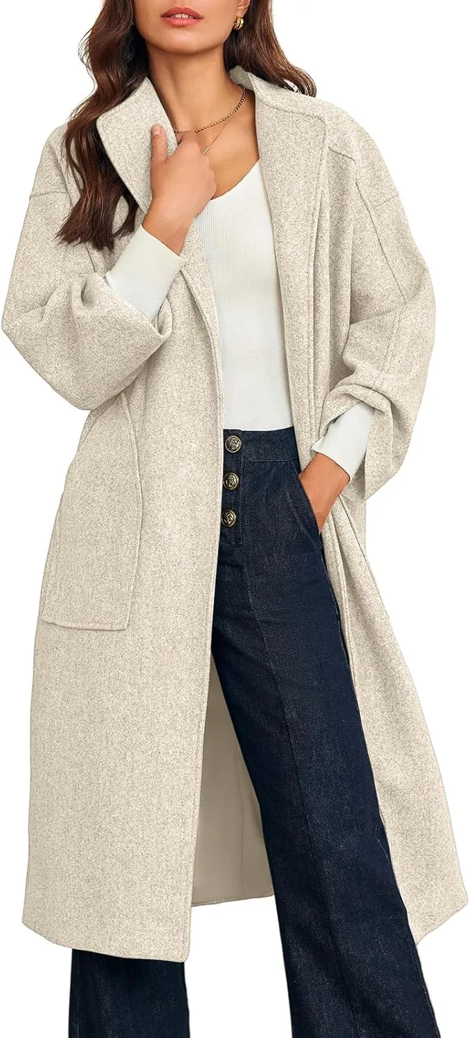Cicy Bell Womens Long Pea Coats Oversized Wrap Wool Blend Trench Coats Winter Open Front Cardigan Overcoats