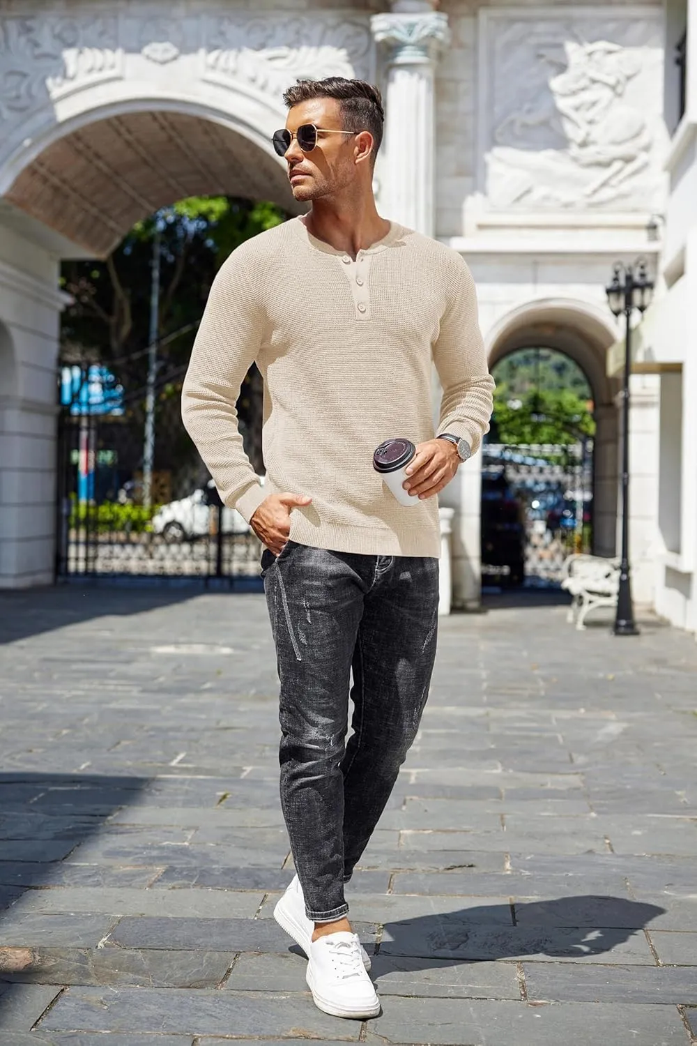 COOFANDY Men's Waffle Henley Shirts Crewneck Lightweight Sweater Long Sleeve Causal Knitted Pullover T Shirt