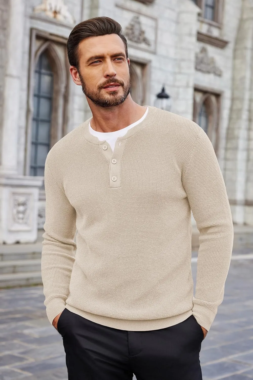COOFANDY Men's Waffle Henley Shirts Crewneck Lightweight Sweater Long Sleeve Causal Knitted Pullover T Shirt