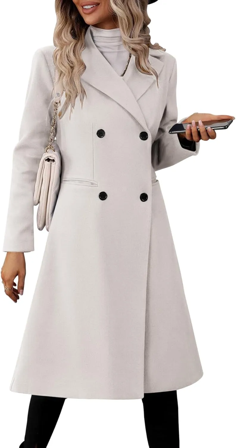 Danedvi Womens Long Double Breasted Coats Lapel Collar Pea Coat Winter Slim Fit Jackets Trench Coat Outwear