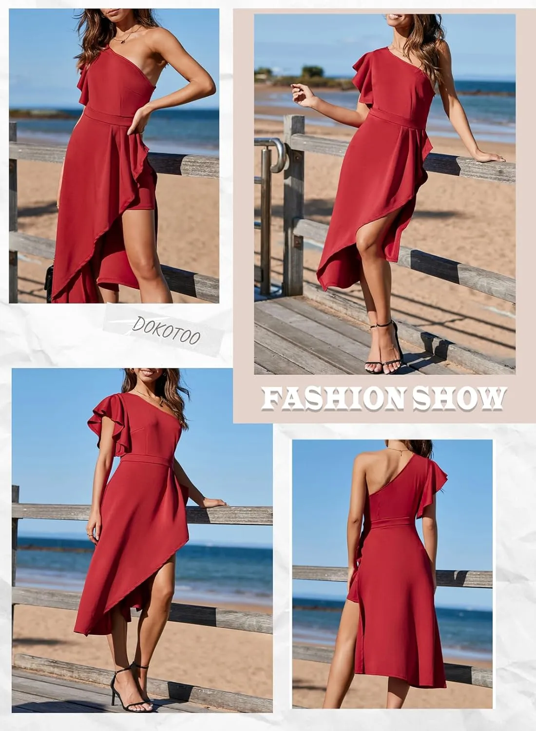 Dokotoo Womens One Shoulder Sleeveless Ruffle Empire Waist Asymmetrical High-Low Bodycon Formal Wedding Guest Midi Dresses