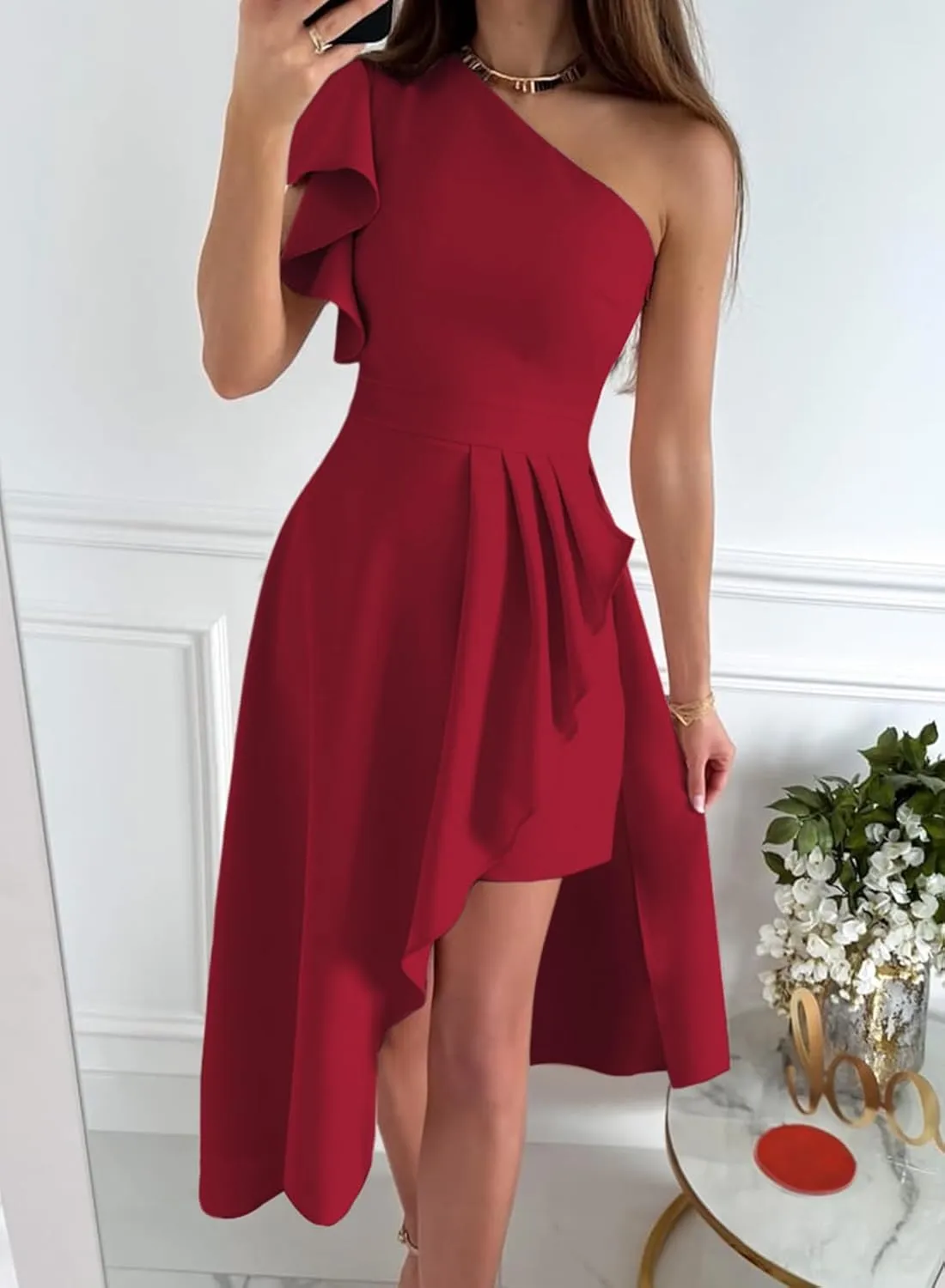 Dokotoo Womens One Shoulder Sleeveless Ruffle Empire Waist Asymmetrical High-Low Bodycon Formal Wedding Guest Midi Dresses
