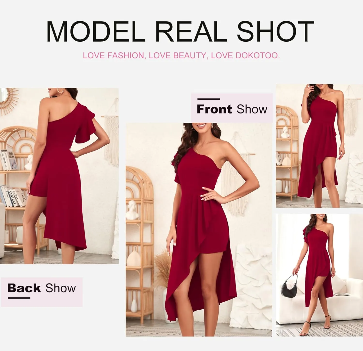 Dokotoo Womens One Shoulder Sleeveless Ruffle Empire Waist Asymmetrical High-Low Bodycon Formal Wedding Guest Midi Dresses