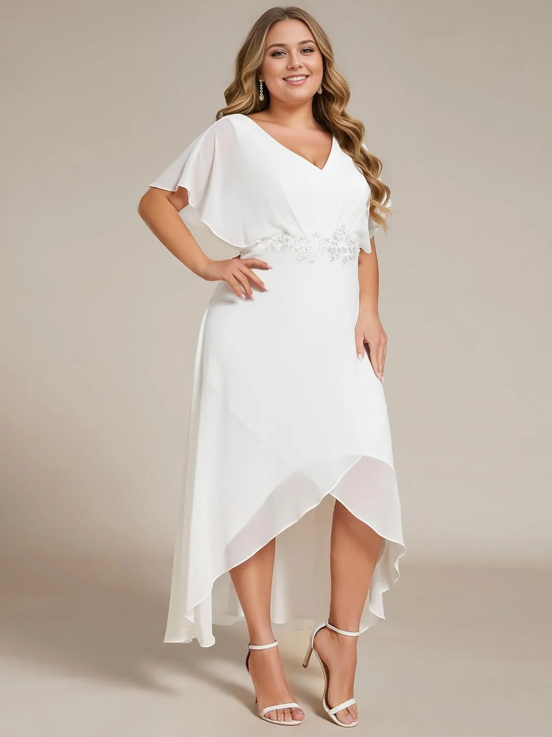 Ever-Pretty Women's Simple V Neck Applique Bat-Wing Sleeves High Low Summer Plus Size Wedding Dresses for Bridal Shower
