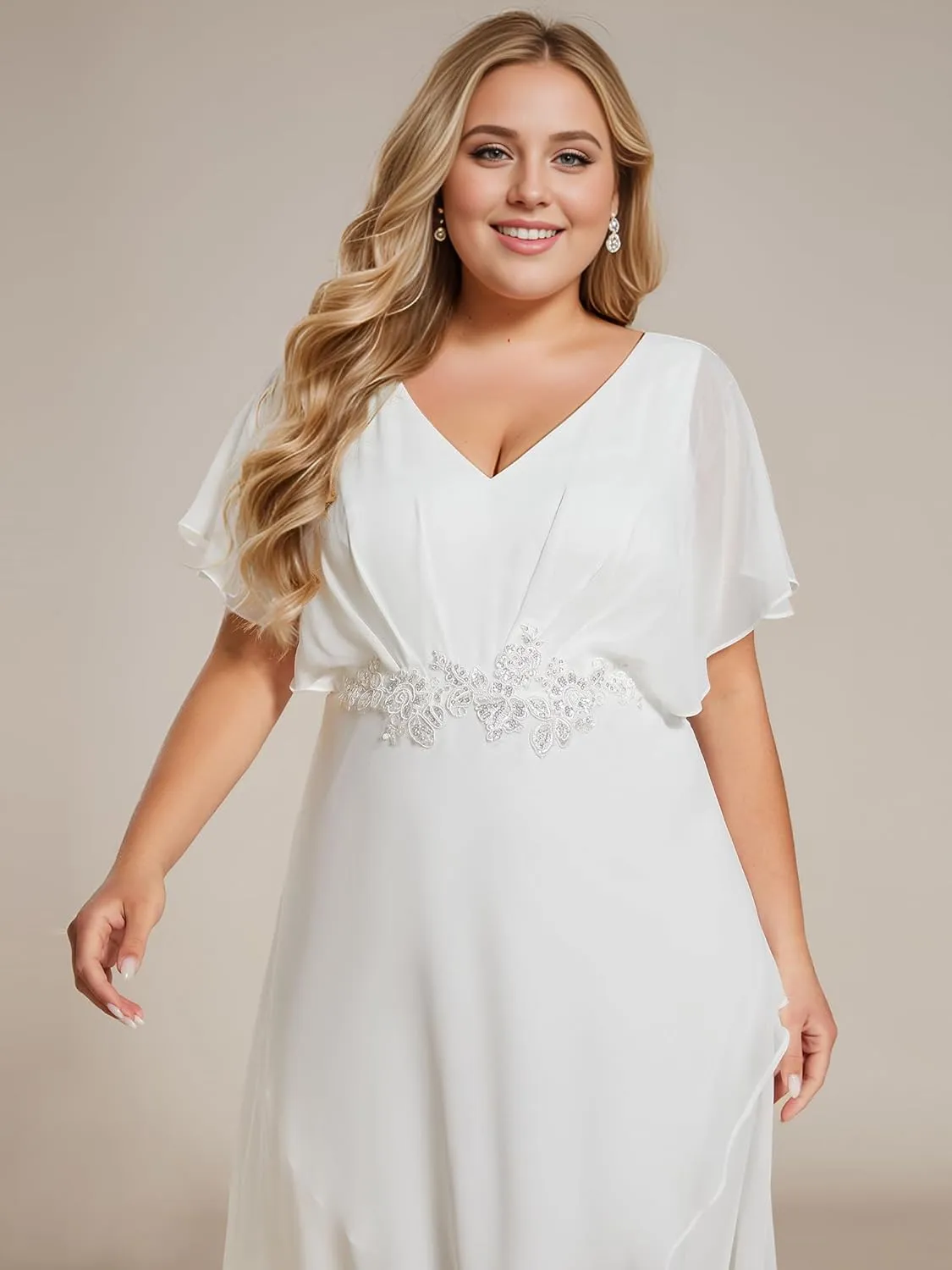 Ever-Pretty Women's Simple V Neck Applique Bat-Wing Sleeves High Low Summer Plus Size Wedding Dresses for Bridal Shower