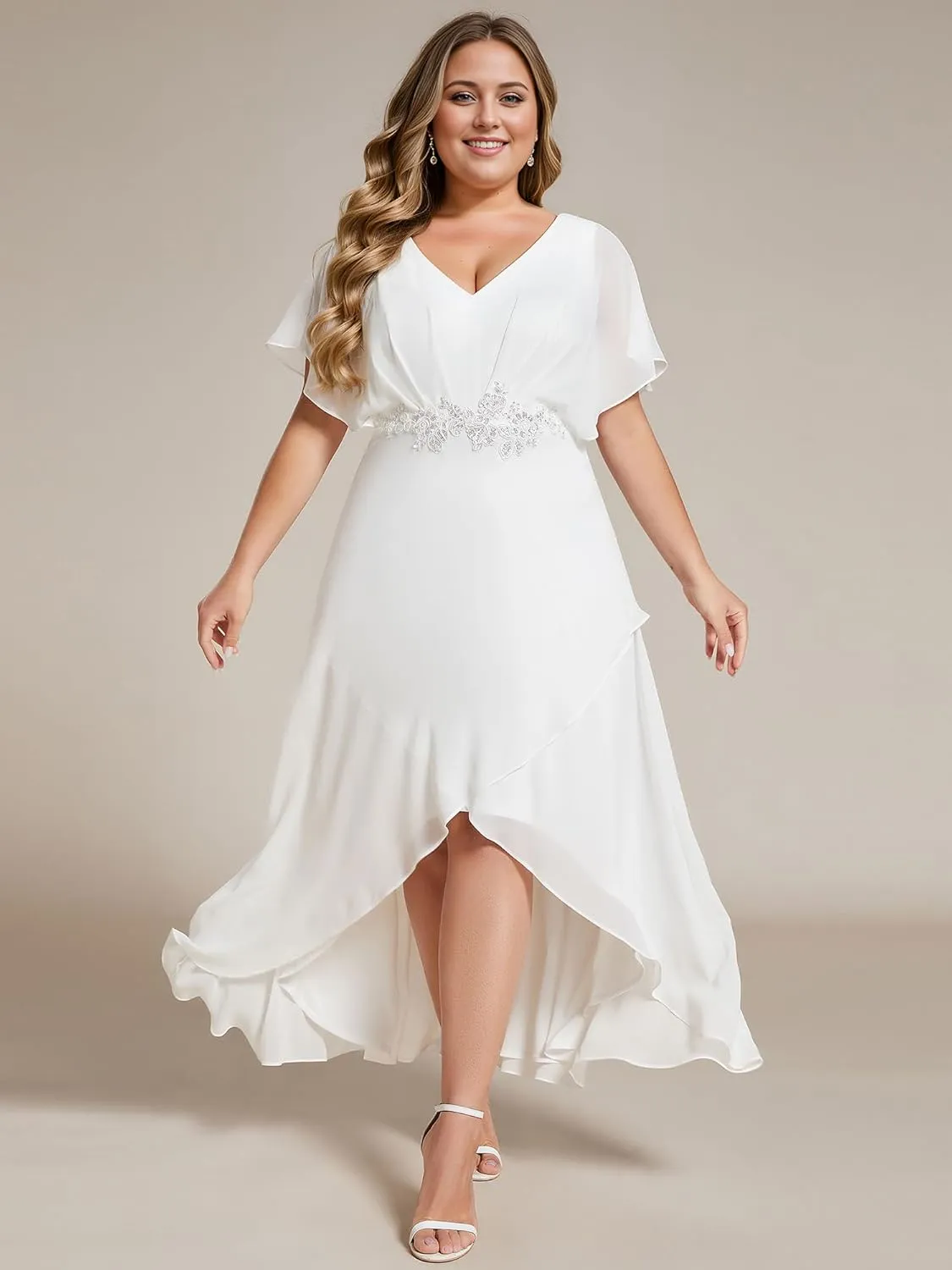 Ever-Pretty Women's Simple V Neck Applique Bat-Wing Sleeves High Low Summer Plus Size Wedding Dresses for Bridal Shower
