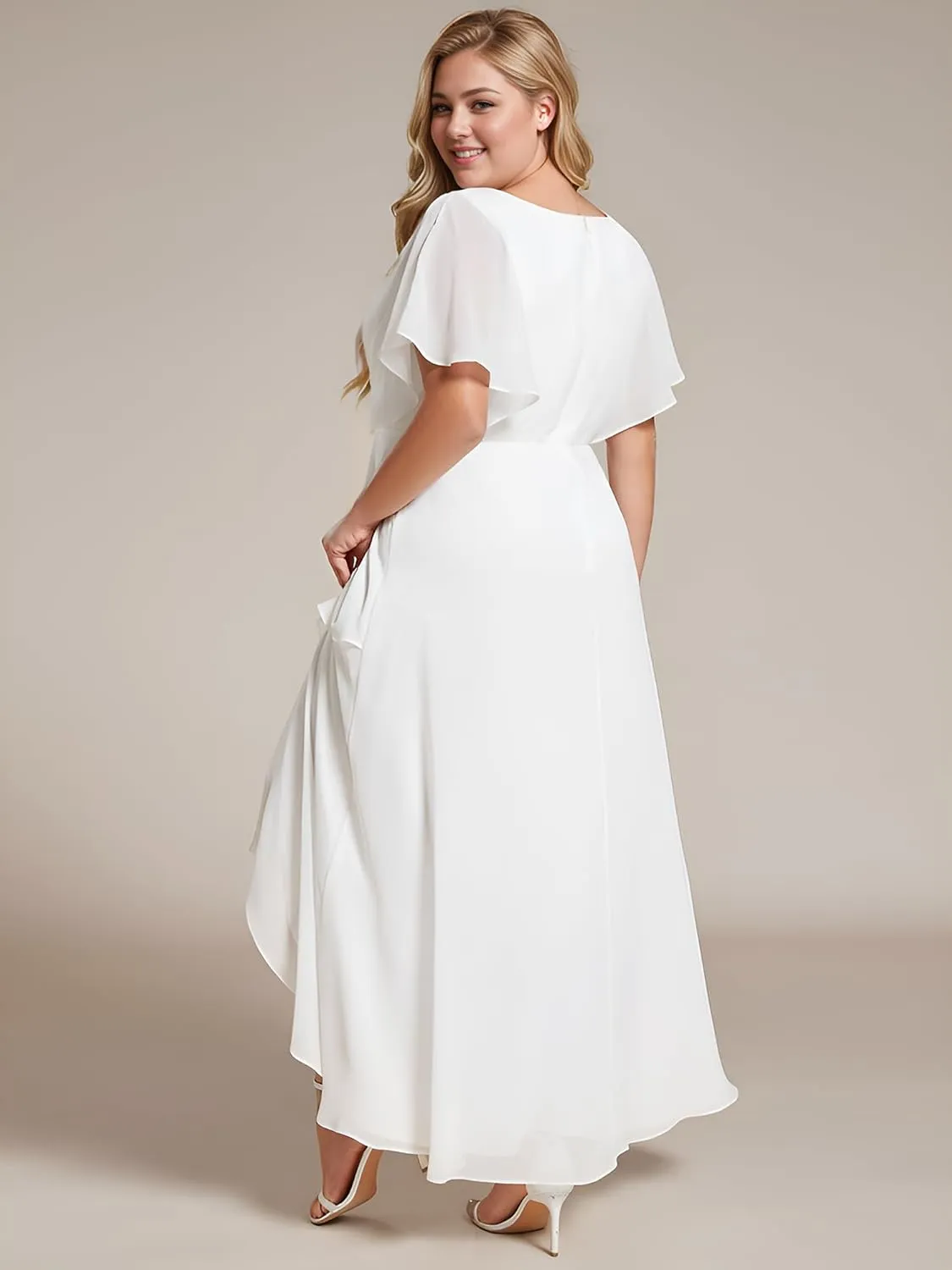 Ever-Pretty Women's Simple V Neck Applique Bat-Wing Sleeves High Low Summer Plus Size Wedding Dresses for Bridal Shower