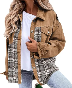 Fall Outfits for Women 2024 Oversized Plaid Denim Jacket Long Sleeve Button Down Shacket Jean Jacket with Pockets