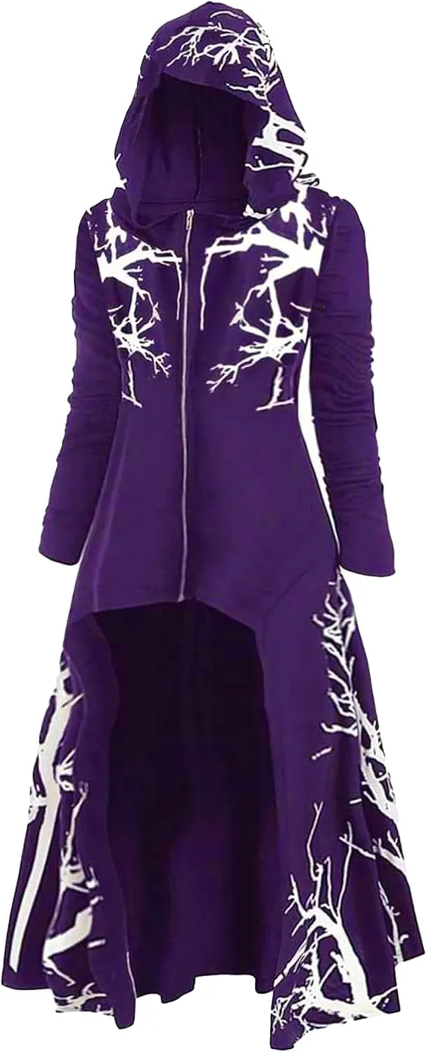 FEOYA Renaissance Hooded Cloak for Women Half Cardigan Hoodie Longline Coat Goth Drop Shoulder High Low Hem Cape Jacket