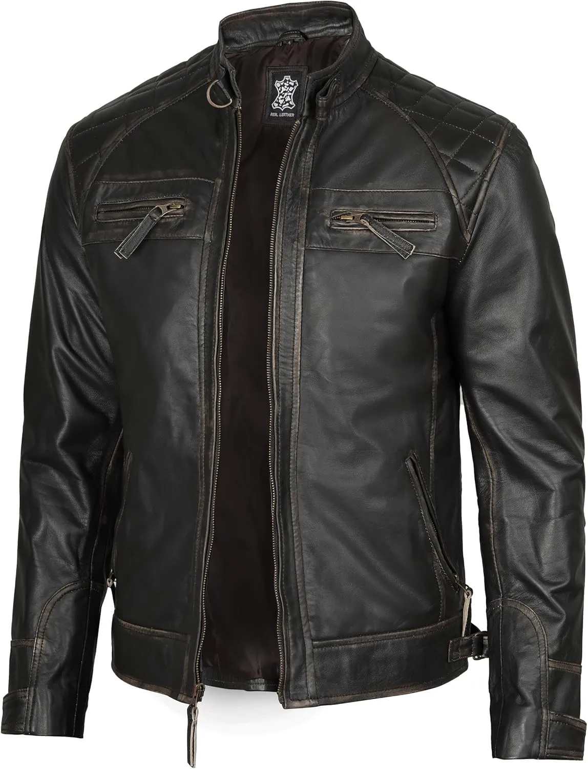 fjackets Real Lambskin Mens Leather Jackets - Quilted Cafe Racer Zip Up Moto Style Leather Jacket Men