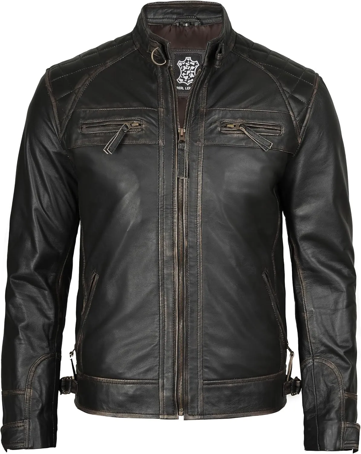 fjackets Real Lambskin Mens Leather Jackets - Quilted Cafe Racer Zip Up Moto Style Leather Jacket Men