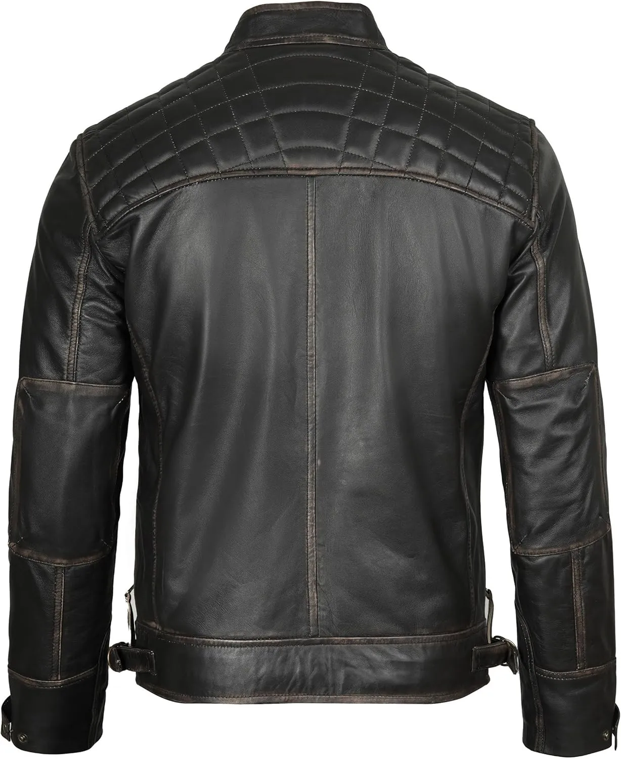 fjackets Real Lambskin Mens Leather Jackets - Quilted Cafe Racer Zip Up Moto Style Leather Jacket Men