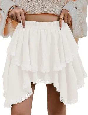 Flowy Skirts for Women Summer Ruffled Pleated Mini Skirts High Low Lace Hem Tiered Skater Skirt Casual Cute Y2k Skorts