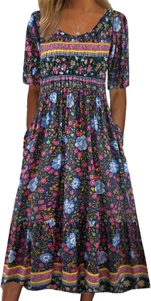 Geleglaer Women's Boho Floral Maxi Dress Summer Casual Crew Neck Short Sleeve Dress Flowy Bohemian Tshirt Dress with Pockets