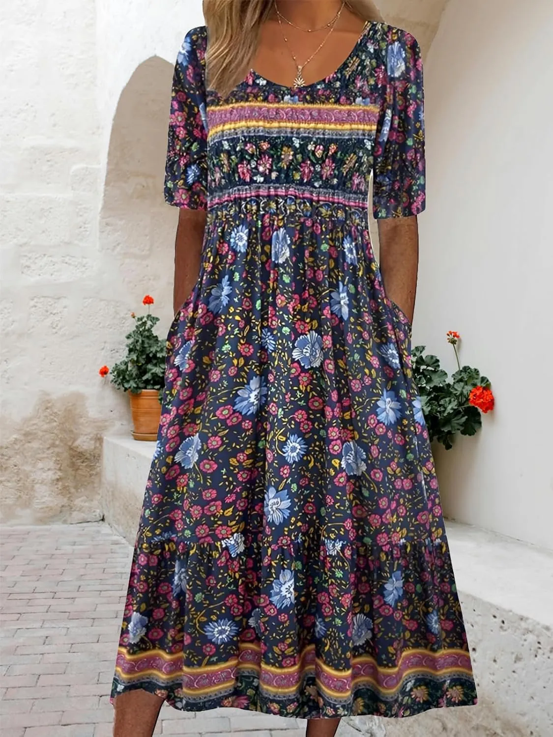 Geleglaer Women's Boho Floral Maxi Dress Summer Casual Crew Neck Short Sleeve Dress Flowy Bohemian Tshirt Dress with Pockets