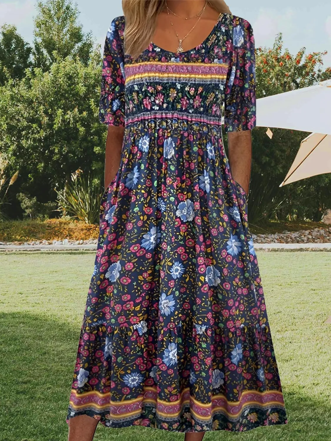 Geleglaer Women's Boho Floral Maxi Dress Summer Casual Crew Neck Short Sleeve Dress Flowy Bohemian Tshirt Dress with Pockets