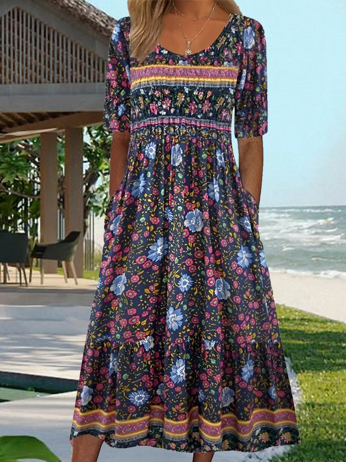 Geleglaer Women's Boho Floral Maxi Dress Summer Casual Crew Neck Short Sleeve Dress Flowy Bohemian Tshirt Dress with Pockets