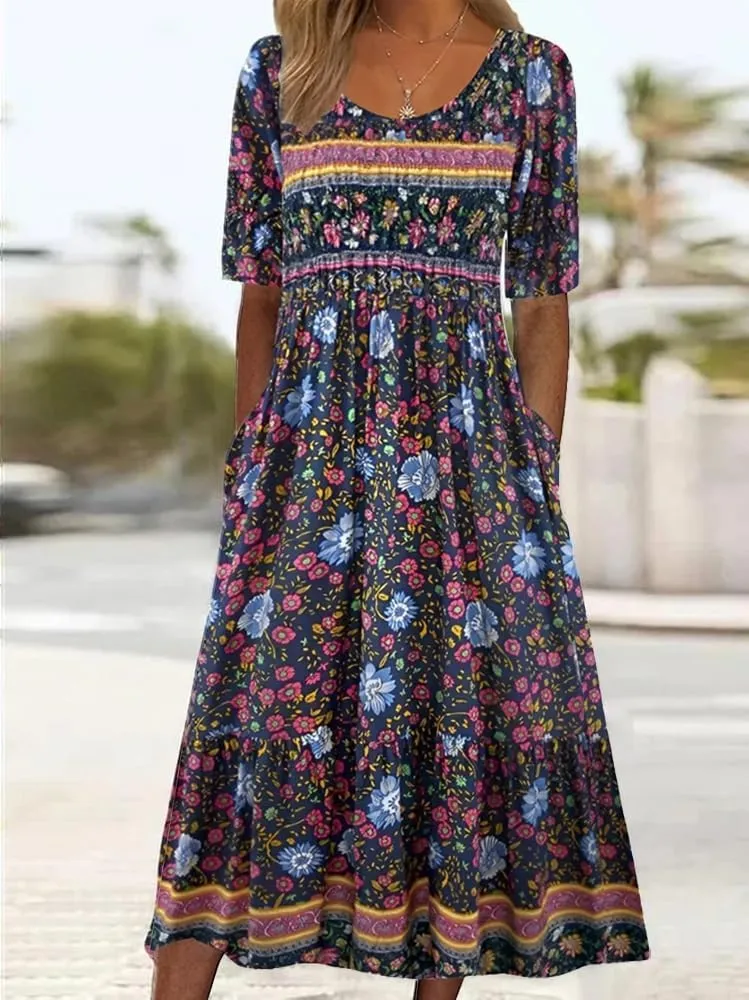 Geleglaer Women's Boho Floral Maxi Dress Summer Casual Crew Neck Short Sleeve Dress Flowy Bohemian Tshirt Dress with Pockets